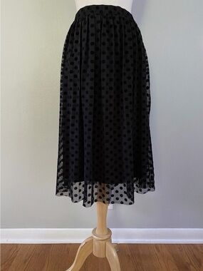 Bobeau Women's Size L Black Polka Dot Mesh Overlay Midi Skirt size Medium